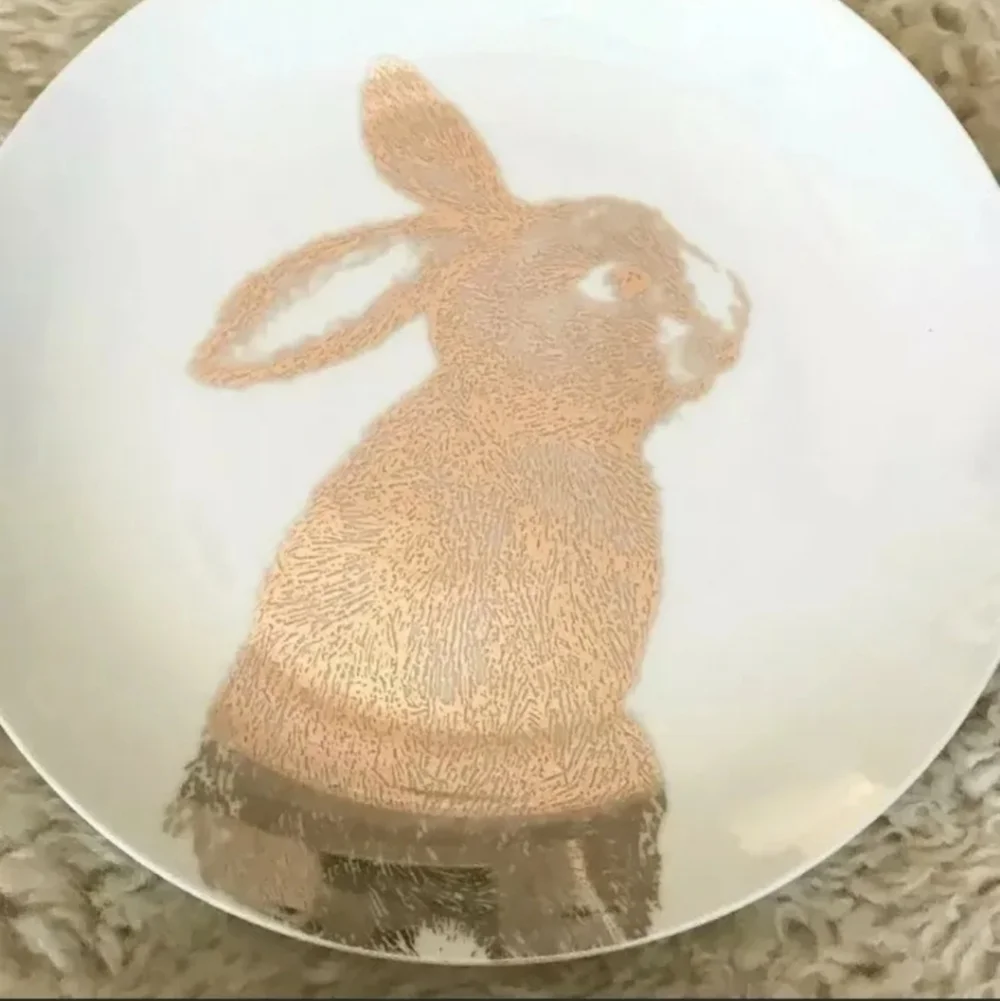 4 New PIER 1 Metallic Gold Easter Bunny Rabbit Salad Appetizer Dessert Plates